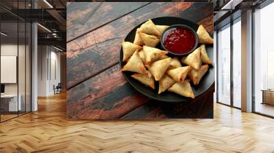 Fresh Indian Samosa with dipping sweet chili sauce on wooden table Wall mural