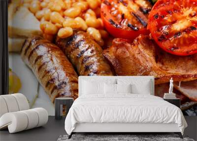 Full English breakfast with bacon, sausage, egg, beans and mushrooms Wall mural