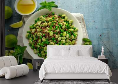 Green Broad beans and quinoa salad with sweet peas and mint. Healthy vegan food Wall mural