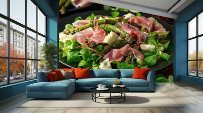 Grilled Asparagus, parma ham salad with mozzarella cheese and green vegetables Wall mural