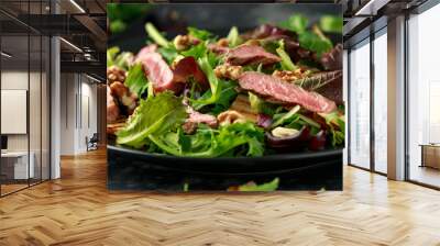 Grilled Beef Steak salad with pears, walnuts and greens vegetables and blue cheese sauce. healthy food. Wall mural