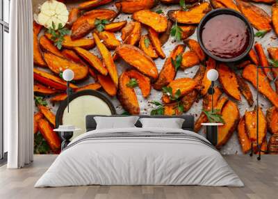 Healthy Baked Orange Sweet Potato wedges with dip sauce, herbs, salt and pepper Wall mural