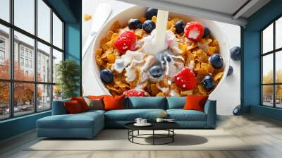 Healthy Morning Breakfast honey Corn flakes with fresh fruits of Raspberry, blueberries and pouring milk in bowl. Wall mural