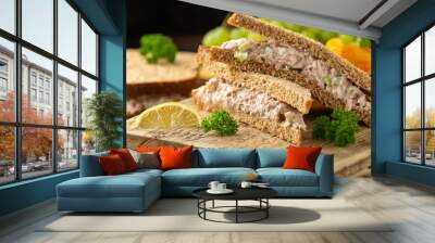 Healthy Tuna Sandwich with celery and onion on wooden board Wall mural