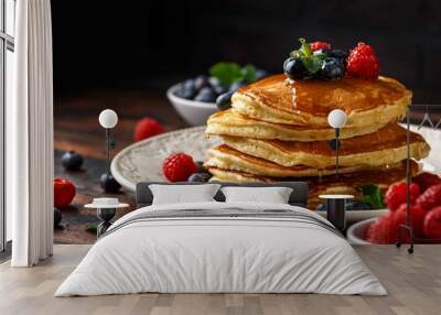 Homemade american pancakes with fresh blueberry, raspberries and honey. Healthy morning breakfast. rustic style Wall mural