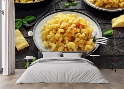 Homemade baked macaroni and cheese with cheddar served on plate Wall mural