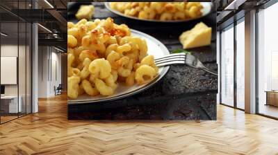 Homemade baked macaroni and cheese with cheddar served on plate Wall mural