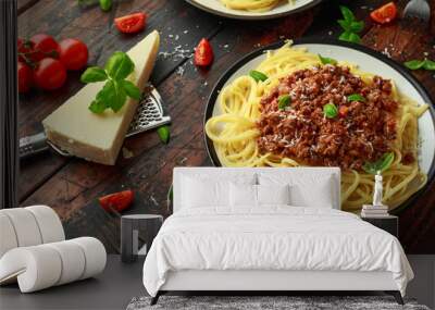 Italian pasta bolognese with beef, basil and parmesan cheese Wall mural