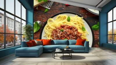 Italian pasta bolognese with beef, basil and parmesan cheese Wall mural