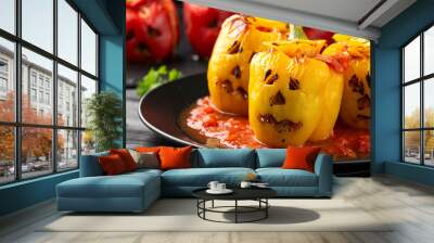 Jack o lanterns stuffed yellow pepper for Halloween. Wall mural