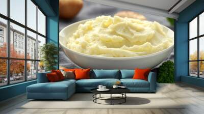 Mashed potatoes in white bowl. Healthy food Wall mural