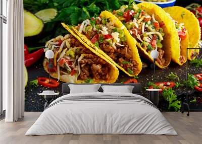 Mexican food - delicious taco shells with ground beef and home made salsa Wall mural