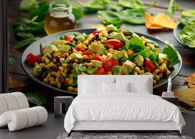 Mexican Salad with Avocado, Black Beans, sweet corn, spinach, tomatoes and Tortilla chips Wall mural