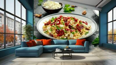 Orzo Pasta with sunshine dry tomato, black olives, walnut and feta cheese Wall mural