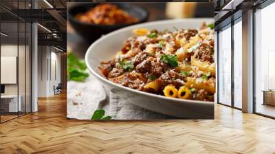 Pasta alla Genovese on a white bowl with parmesan cheese. Traditional neapolitan food. Wall mural