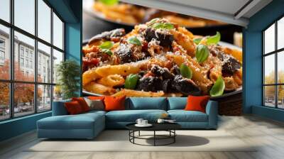 Pasta alla Norma with eggplant or aubergine, tomato, parmesan and basil. Healthy food Wall mural