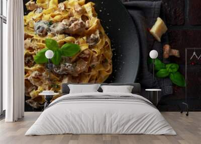 Pasta with shiitake mushrooms and chicken with herbs and cheese Wall mural