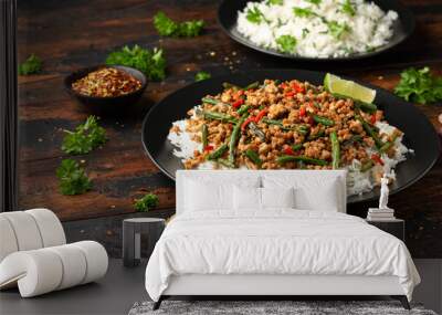 Pork Stir Fry with Green Beans, rice, garlic, chili and ginger. Asian food. Wall mural