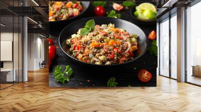 Red and white quinoa tabbouleh salad with tomatoes, paprika and mint. Vegetarian, vegan food concept Wall mural