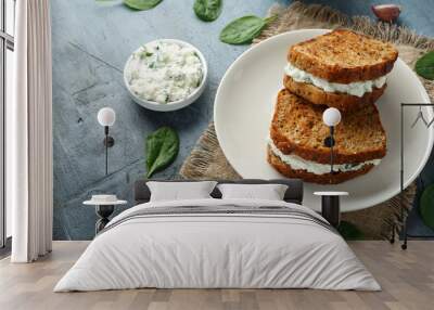 Ricotta cheese spinach sandwich with coffee. healthy breakfast Wall mural