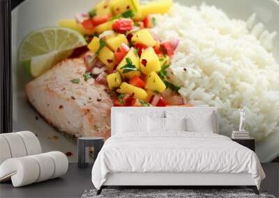 Salmon with mango salsa and white rice on plate Wall mural