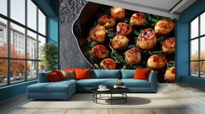 Scallops seared in garlic and parsley butter served in cast iron skillet Wall mural