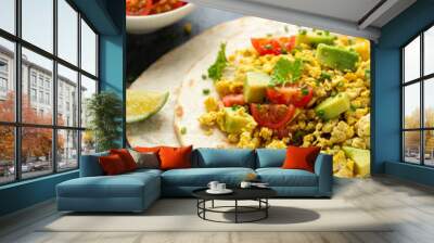 Scrambled Tofu Tacos with avocado, tomatoes and green herbs. Healthy Vegan Breakfast. Wall mural