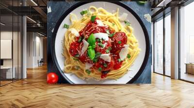 Spaghetti pasta meatballs with tomato sauce, basil, herbs parmesan cheese on dark background Wall mural