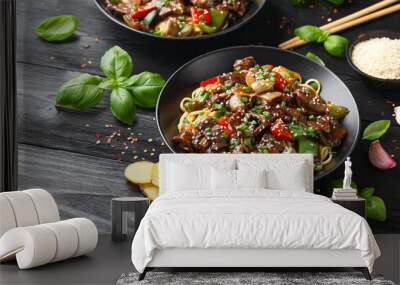 Stir fried beef in black bean sauce with vegetables and noodles. Take away food Wall mural