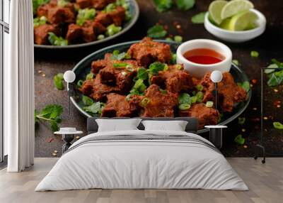 Thai Fish Cake Stars with chili deep and lime. Party food Wall mural