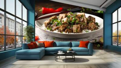 Vegan Mapo tofu with mushroom and rice. Asian, Chinese food Wall mural