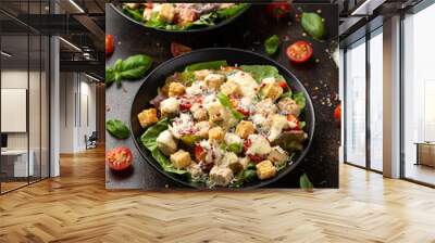 Vegetarian ceasar salad with meat free chicken pieces cherry tomatoes croutons and lettuce Wall mural