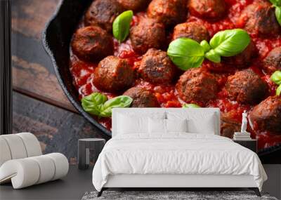 Vegetarian spaghetti with meat free, vegan meatballs in rich tomato sauce in iron cast pan Wall mural