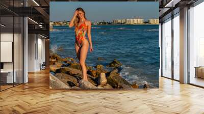 Lovely Blonde Bikini Model Posing Outdoors On A Caribbean Beach Wall mural