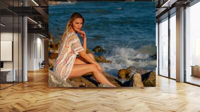 Lovely Blonde Bikini Model Posing Outdoors On A Caribbean Beach Wall mural