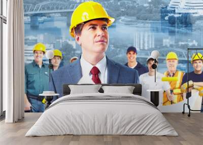 Architect and group of industrial workers. Wall mural