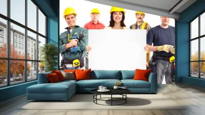 Contractor woman and group of industrial workers. Wall mural