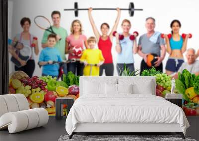 Group of fitness people with food. Wall mural