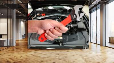 Hand of car mechanic in auto repair service.  Wall mural