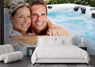 Happy couple in jacuzzi. Wall mural