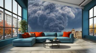 A fire in the building. A large smoke cloud from the fire. Wall mural