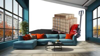 A red pallet jack loaded with cardboard boxes and secured wooden crates. 3d image Wall mural