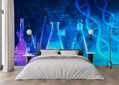 Blue scientific background with DNA and flasks. Genetic research. Genetic engineering. DNA genome. Modern medicine and biotechnology. Human cell biology. DNA strands molecular structure illustration Wall mural