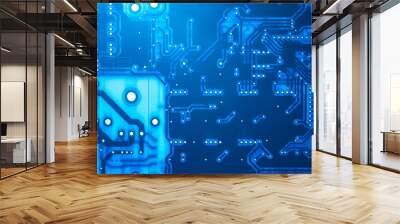 Blue technological background. Background on a computer theme. Computer texture in the form of a PCB. Microboard blank close-up. High technology background. Blue tint computer pattern. Wall mural