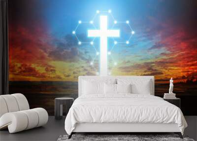 Christian cross on background of night sunset over beach. It symbolizes Catholic faith. Concept of faith in jesus christ. Cross of Catholicism. Joining Catholicism. Christian backgrounds wallpaper Wall mural