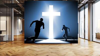 Christian cross. Running men. Catholic cross glows in dark. Christian religion worship concept. Believers run to symbol Christianity. Catholic denomination logo. Symbol of Orthodoxy on blue. 3d image Wall mural