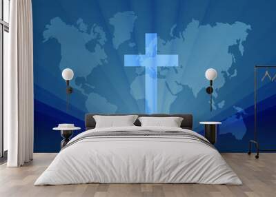 Christian cross. World map behind crucifix. Concept international religious organizations. Symbol of international church. Christian cross in beams of spotlights. Christian denomination. 3d rendering Wall mural