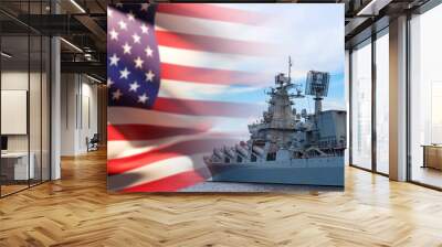 Combat duty of US ships. Rocket ship on background of USA flag. American navy. United States Navy. Missile cruiser at sea. Concept-teaching of US Navy. Missile cruiser of United States of America. Wall mural