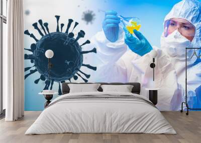 Covid-19 virus research. Molecule of coronavirus near biologist. Scientist with test tube is developing vaccine against covid-19. Omicron strain of coronavirus Concept. Delta variant of SARS-CoV-2 Wall mural