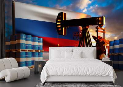 Extraction of oil brand Urals. Petroleum in blue barrels. Russian flag behind oil field. Development of hydrocarbon deposit. Pump extracting oil and metal barrels. Import fuel from Russia. 3d image Wall mural